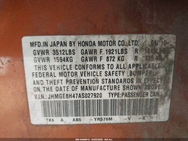 Продаж на аукціоні авто 2010 Honda Fit Sport, vin: JHMGE8H47AS027920, номер лоту: 44464012