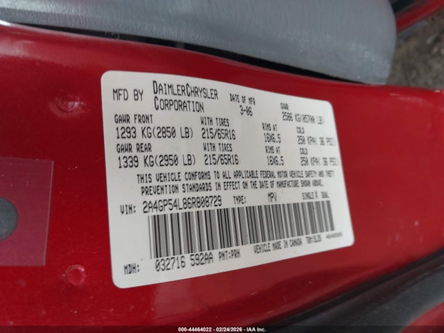 Aukcja sprzedaży 2006 Chrysler Town & Country Touring, vin: 2A4GP54L86R808729, numer aukcji: 44464022