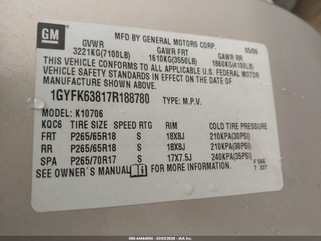 44464058 :رقم المزاد ، 1GYFK63817R188780 vin ، 2007 Cadillac Escalade Standard مزاد بيع