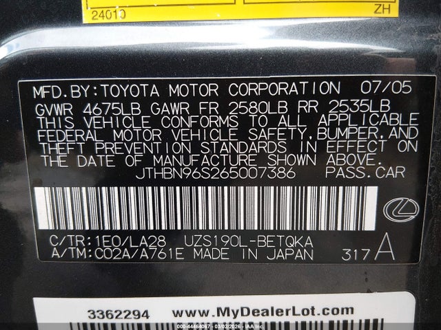 Aukcja sprzedaży 2006 Lexus Gs 430, vin: JTHBN96S265007386, numer aukcji: 44464067