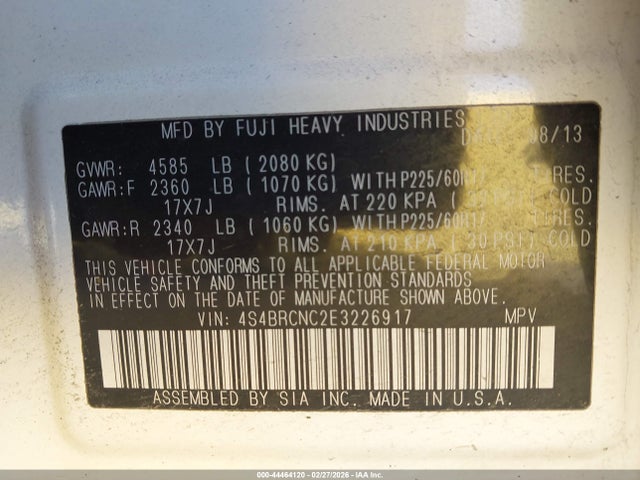 Subaru Outback 2.5i Limited 2014 4S4BRCNC2E3226917 Image 9