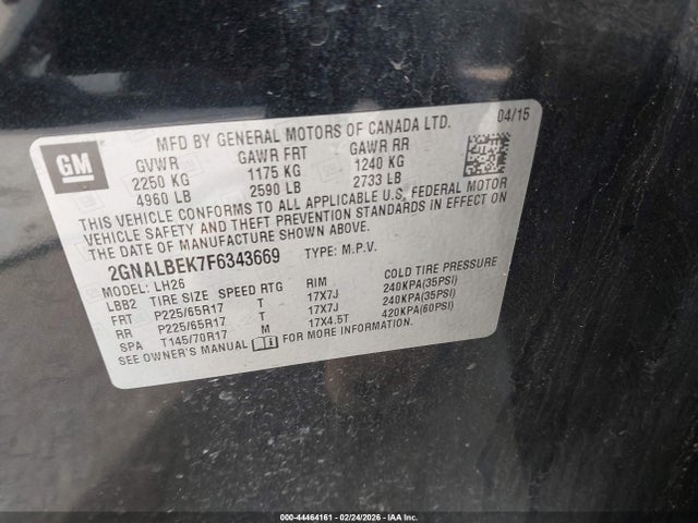 Chevrolet EQUINOX 1LT 2015 2GNALBEK7F6343669 Image 9