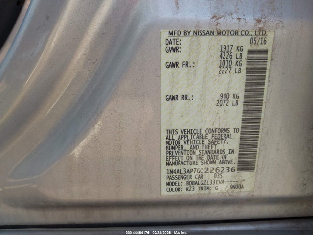 1N4AL3AP7GC226236 Nissan Altima 2.5/2.5 S/2.5 Sl/2.5 Sr/2.5 Sv