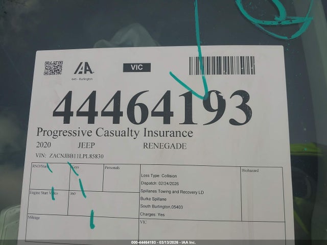 Продажа на аукционе авто 2020 Jeep Renegade Altitude 4x4, vin: ZACNJBB11LPL85830, номер лота: 44464193