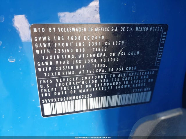 Продажа на аукционе авто 2022 Volkswagen Taos 1.5t Se, vin: 3VVPX7B29NM062522, номер лота: 44464203