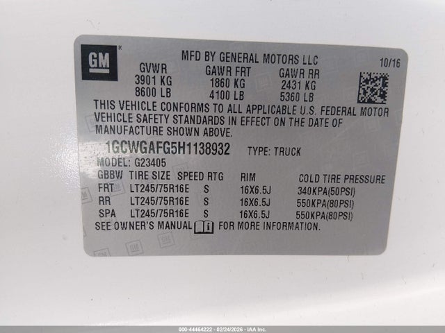 1GCWGAFG5H1138932 Chevrolet Express 2500 Work Van
