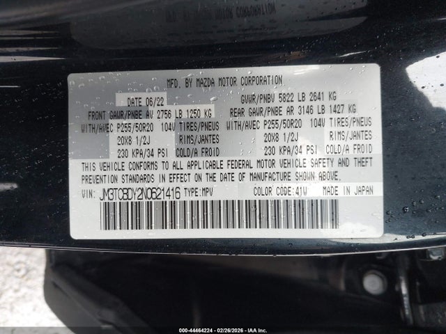 2022 Mazda Cx-9 Grand Touring მანქანა იყიდება აუქციონზე, vin: JM3TCBDY2N0621416, აუქციონის ნომერი: 44464224