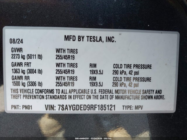 44464251 :رقم المزاد ، 7SAYGDED9RF185121 vin ، 2024 Tesla Model Y Long Range Single Motor Rear-wheel Drive/rwd مزاد بيع