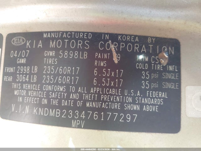 2007 KIA SEDONA KNDMB233476177297 Photo 8