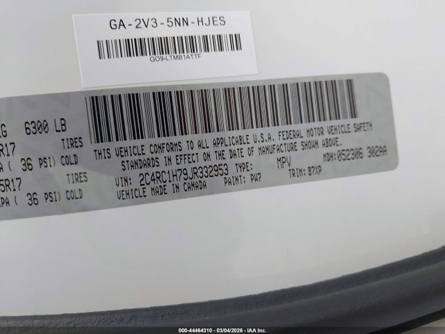 Aukcja sprzedaży 2018 Chrysler Pacifica Hybrid Touring Plus, vin: 2C4RC1H79JR332953, numer aukcji: 44464310
