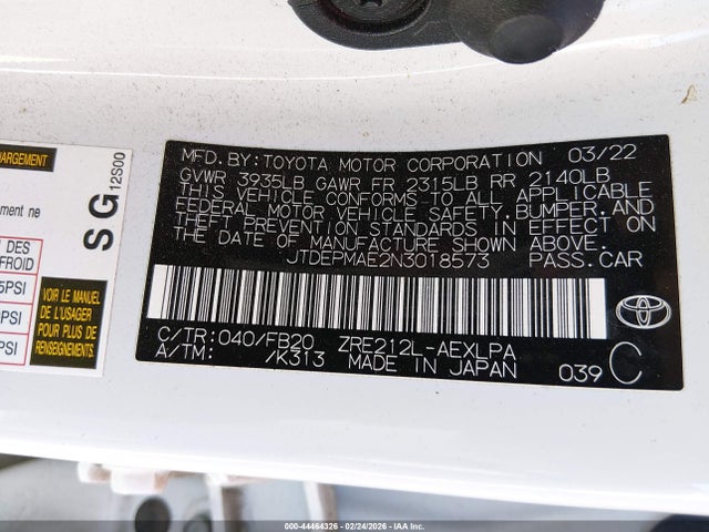 44464326 :رقم المزاد ، JTDEPMAE2N3018573 vin ، 2022 Toyota Corolla Le مزاد بيع