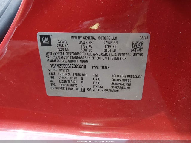 Продаж на аукціоні авто 2015 Gmc Sierra 1500, vin: 1GTV2TEC5FZ323310, номер лоту: 44464345