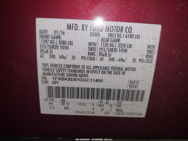 1FM5K8D81GGC11400 Ford EXPLORER XLT