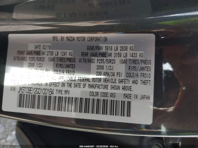 Aukcja sprzedaży 2016 Mazda Cx-9 Signature, vin: JM3TCBEY2G0100164, numer aukcji: 44464397