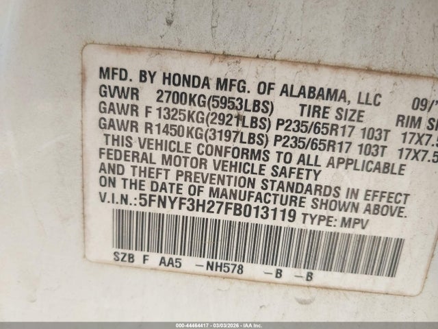 Honda PILOT LX 2015 5FNYF3H27FB013119 Image 9