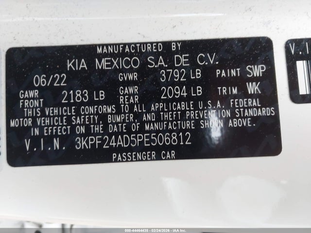 3KPF24AD5PE506812 KIA Forte Lxs