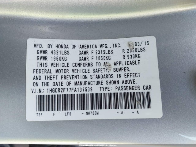 Honda ACCORD EX 2015 1HGCR2F77FA137539 Image 9