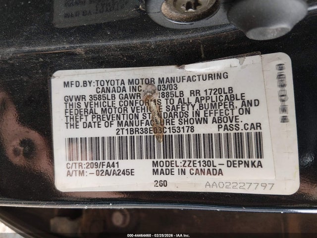 44464460 :رقم المزاد ، 2T1BR38E03C153178 vin ، 2003 Toyota Corolla Le مزاد بيع