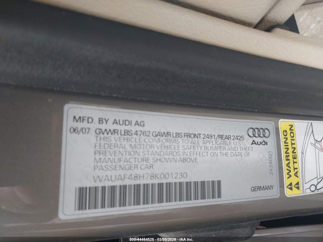 44464525 :رقم المزاد ، WAUAF48H78K001230 vin ، 2008 Audi A4 2.0t مزاد بيع
