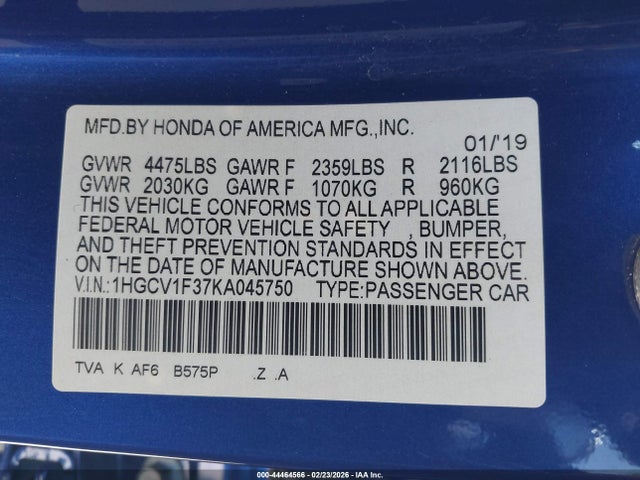 2019 HONDA ACCORD 1HGCV1F37KA045750 Photo 8
