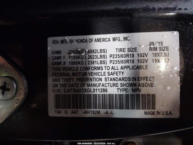 44464586 :رقم المزاد ، 5J8TB4H3XGL011286 vin ، 2016 Acura Rdx Acurawatch Plus Package مزاد بيع