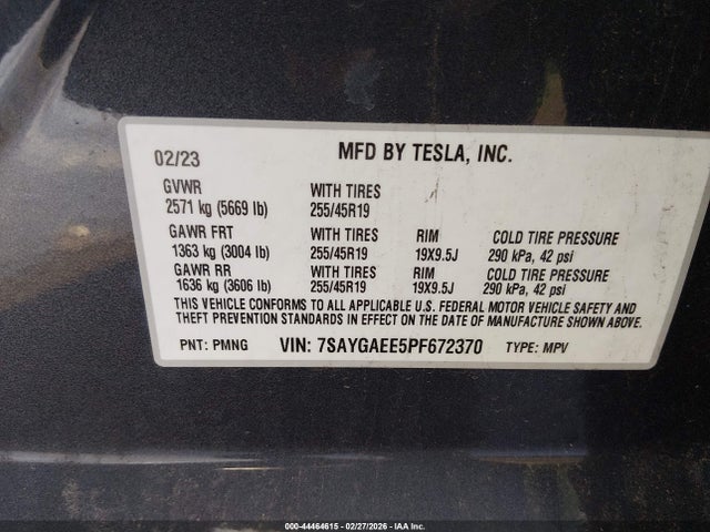 2023 Tesla Model Y Awd/long Range Dual Motor All-wheel Drive მანქანა იყიდება აუქციონზე, vin: 7SAYGAEE5PF672370, აუქციონის ნომერი: 44464615