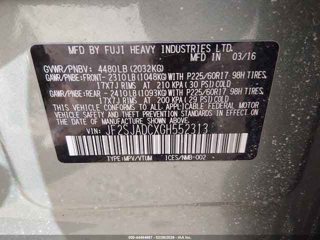 2016 Subaru Forester 2.5i Premium მანქანა იყიდება აუქციონზე, vin: JF2SJADCXGH552313, აუქციონის ნომერი: 44464667