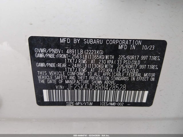 2024 Subaru Forester Wilderness მანქანა იყიდება აუქციონზე, vin: JF2SKAJC8RH428528, აუქციონის ნომერი: 44464741