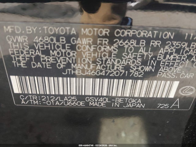 Продажа на аукционе авто 2007 Lexus Es 350, vin: JTHBJ46G472071782, номер лота: 44464746