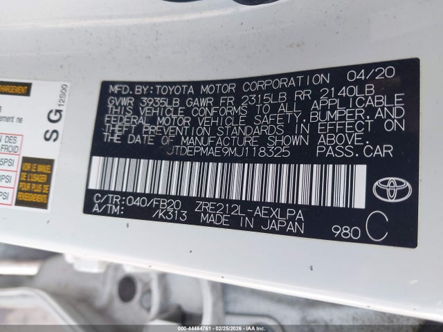 Aukcja sprzedaży 2021 Toyota Corolla Le, vin: JTDEPMAE9MJ118325, numer aukcji: 44464761