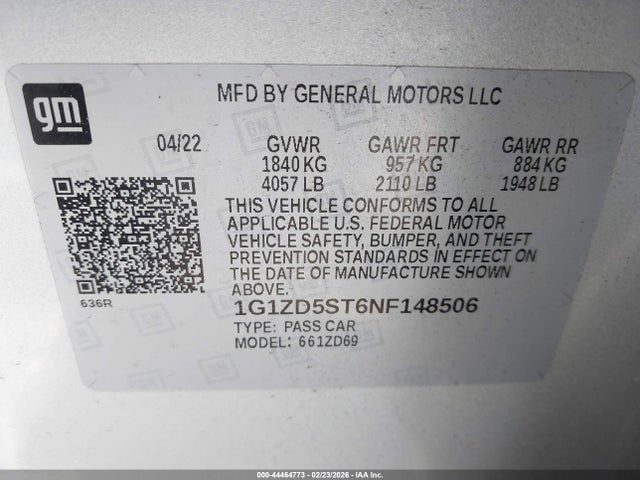 1G1ZD5ST6NF148506 Chevrolet Malibu Fwd Lt