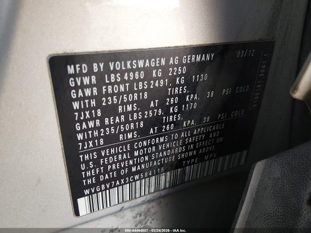 44464807 :رقم المزاد ، WVGBV7AX3CW584115 vin ، 2012 Volkswagen Tiguan Se مزاد بيع