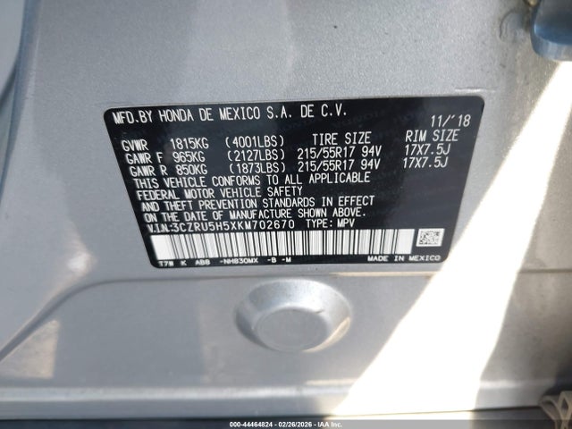 3CZRU5H5XKM702670 Honda HR-V EX