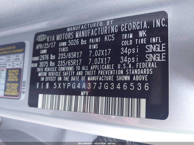 5XYPG4A37JG346536 KIA Sorento 2.4l Lx