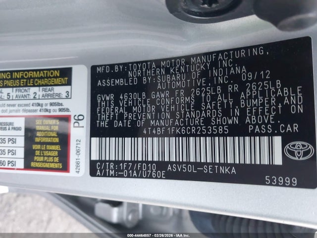 2012 Toyota Camry Le მანქანა იყიდება აუქციონზე, vin: 4T4BF1FK6CR253585, აუქციონის ნომერი: 44464857