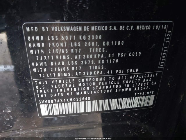 Продаж на аукціоні авто 2019 Volkswagen Tiguan 2.0t S, vin: 3VV0B7AX1KM032648, номер лоту: 44464878