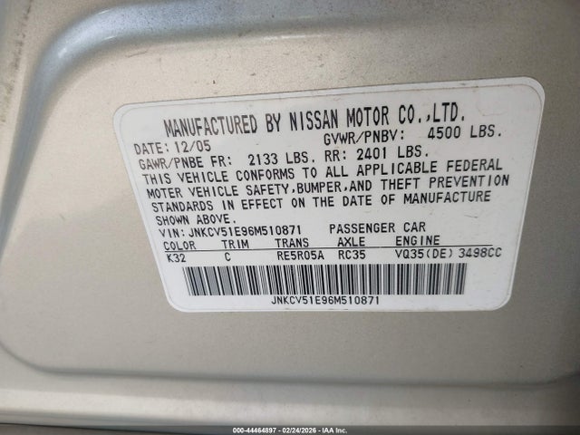 44464897 :رقم المزاد ، JNKCV51E96M510871 vin ، 2006 Infiniti G35 مزاد بيع