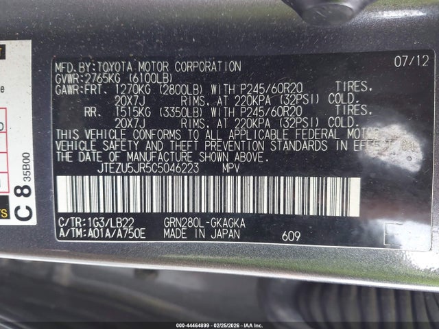 2012 Toyota 4runner Limited მანქანა იყიდება აუქციონზე, vin: JTEZU5JR5C5046223, აუქციონის ნომერი: 44464899