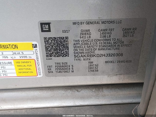 44464903 :رقم المزاد ، 5GAKRBKD2HJ320308 vin ، 2017 Buick Enclave Leather مزاد بيع