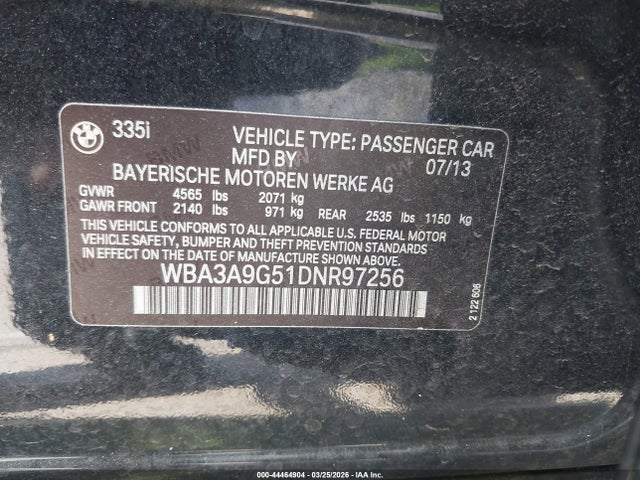 2013 Bmw 335i მანქანა იყიდება აუქციონზე, vin: WBA3A9G51DNR97256, აუქციონის ნომერი: 44464904