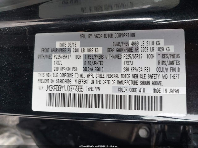 Продажа на аукционе авто 2018 Mazda Cx-5 Sport, vin: JM3KFBBM1J0377965, номер лота: 44465004