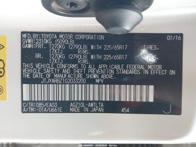 Aukcja sprzedaży 2016 Lexus Nx 200t, vin: JTJYARBZ1G2033200, numer aukcji: 44465007