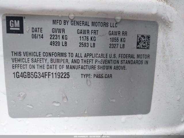44465028 :رقم المزاد ، 1G4GB5G34FF119225 vin ، 2015 Buick Lacrosse Leather مزاد بيع