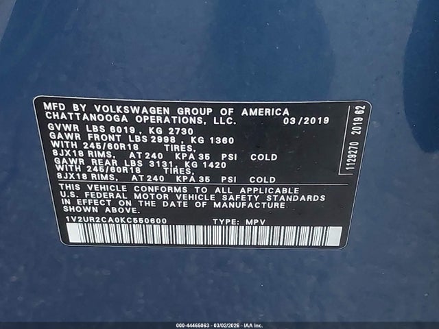Продажа на аукционе авто 2019 Volkswagen Atlas 3.6l V6 Se W/technology, vin: 1V2UR2CA0KC550600, номер лота: 44465063