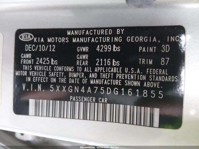 2013 Kia Optima Ex მანქანა იყიდება აუქციონზე, vin: 5XXGN4A75DG161855, აუქციონის ნომერი: 44465148