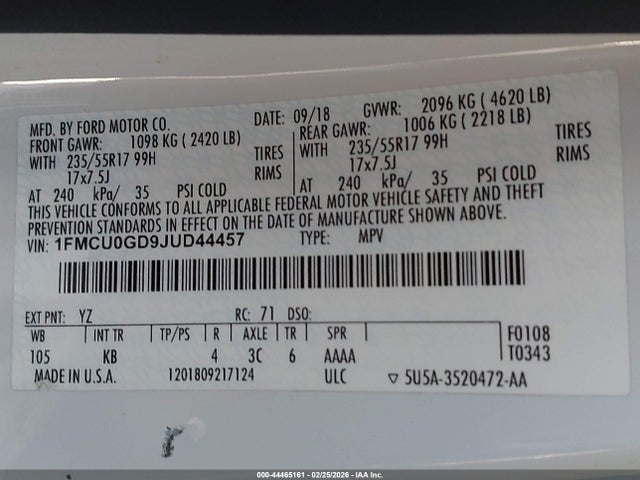1FMCU0GD9JUD44457 Ford ESCAPE SE