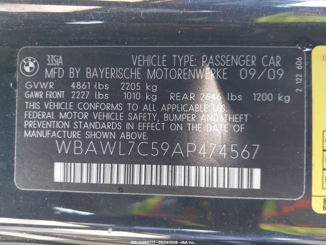 44465177 :رقم المزاد ، WBAWL7C59AP474567 vin ، 2010 Bmw 335i مزاد بيع