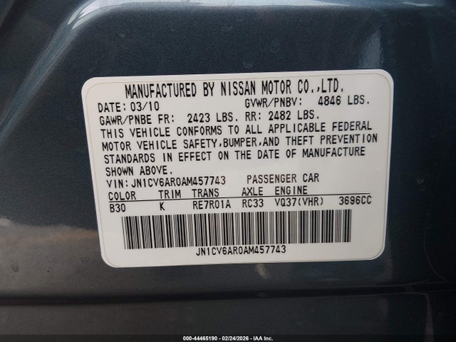 44465190 :رقم المزاد ، JN1CV6AR0AM457743 vin ، 2010 Infiniti G37x مزاد بيع