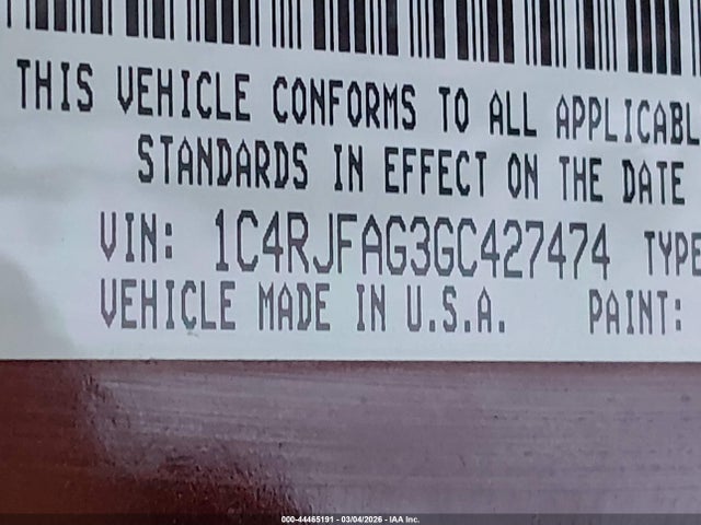 44465191 :رقم المزاد ، 1C4RJFAG3GC427474 vin ، 2016 Jeep Grand Cherokee Laredo مزاد بيع