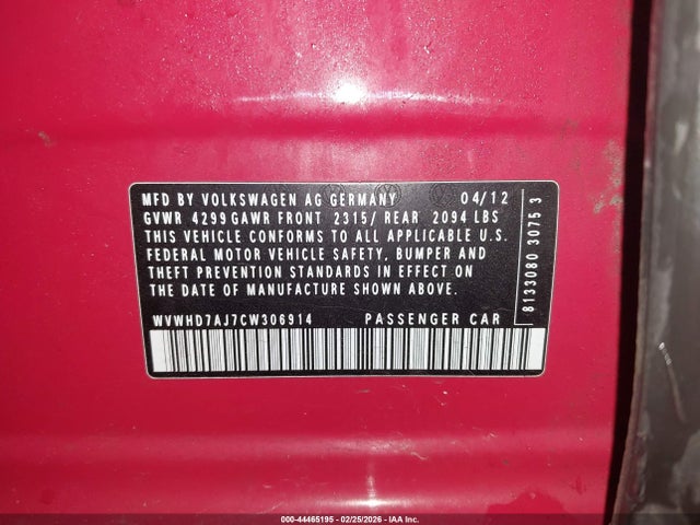 Продаж на аукціоні авто 2012 Volkswagen Gti 4-door, vin: WVWHD7AJ7CW306914, номер лоту: 44465195